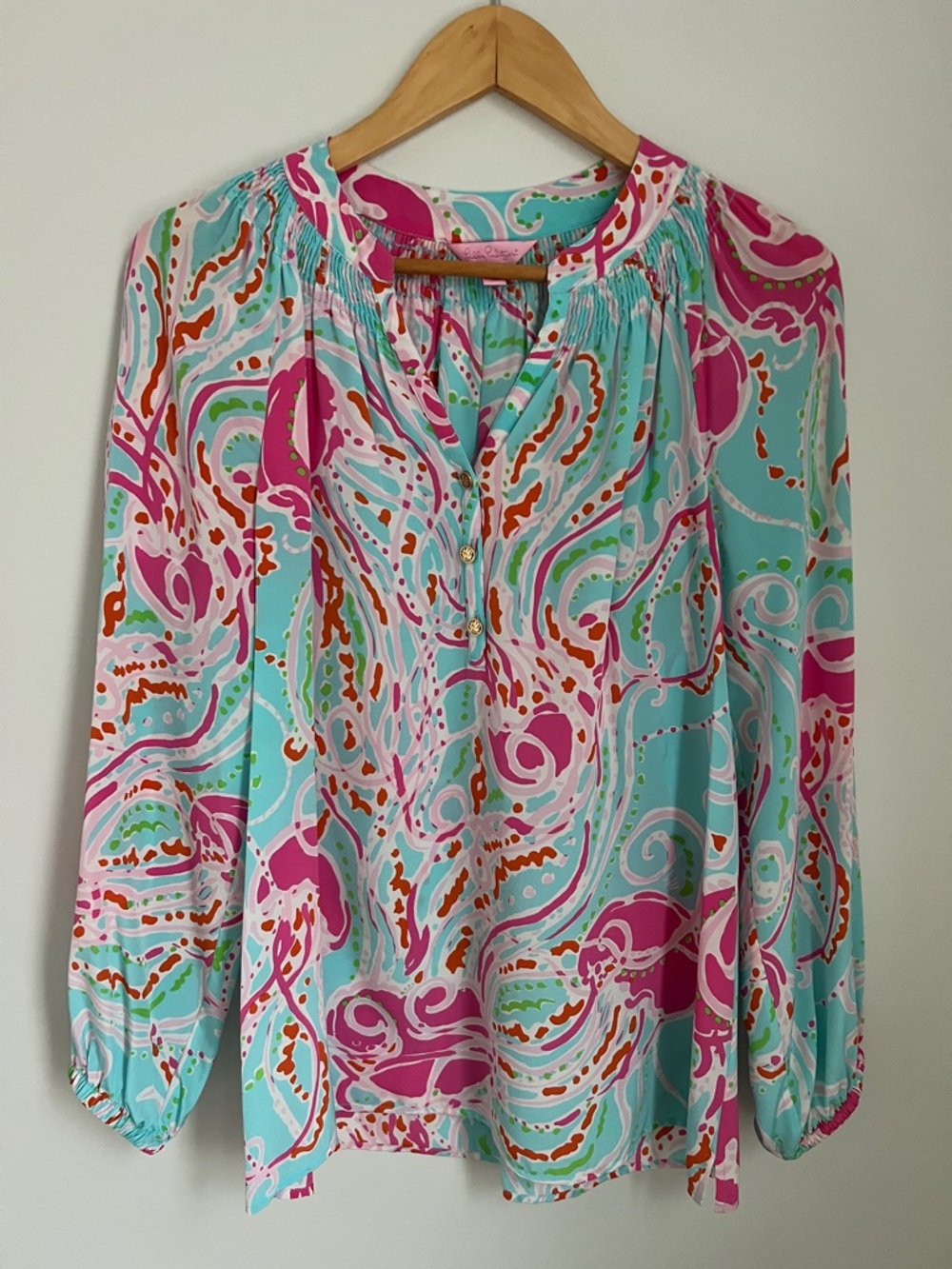 Lilly Pulitzer Elsa 100% Silk Teal Top Pink Coral Swirls Style #41773 Size S